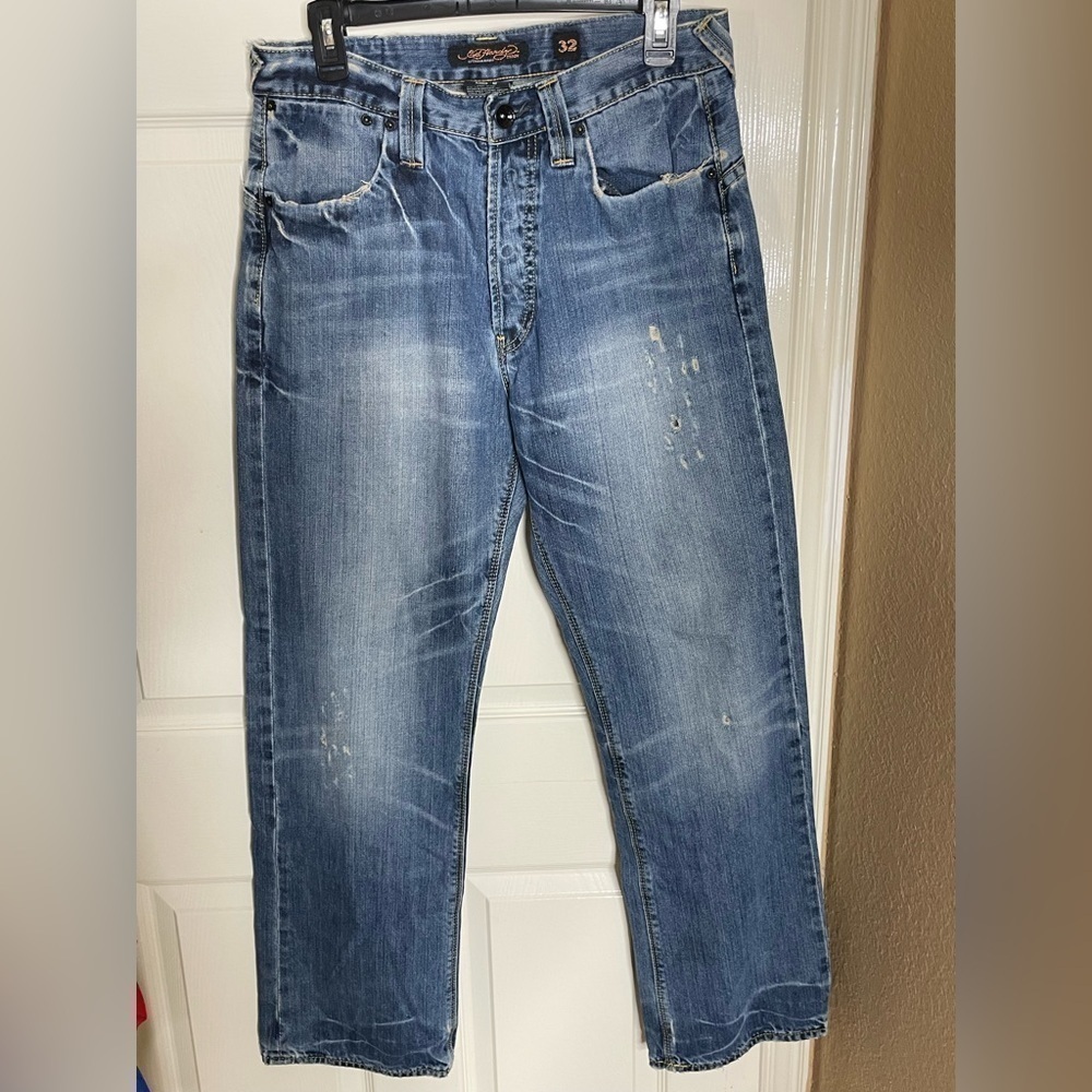 Vintage Ed Hardy Jeans Mens Size 32x31 Distressed Medium Wash Y2K Button Fly‍‍﻿﻿ - Picture 3 of 11